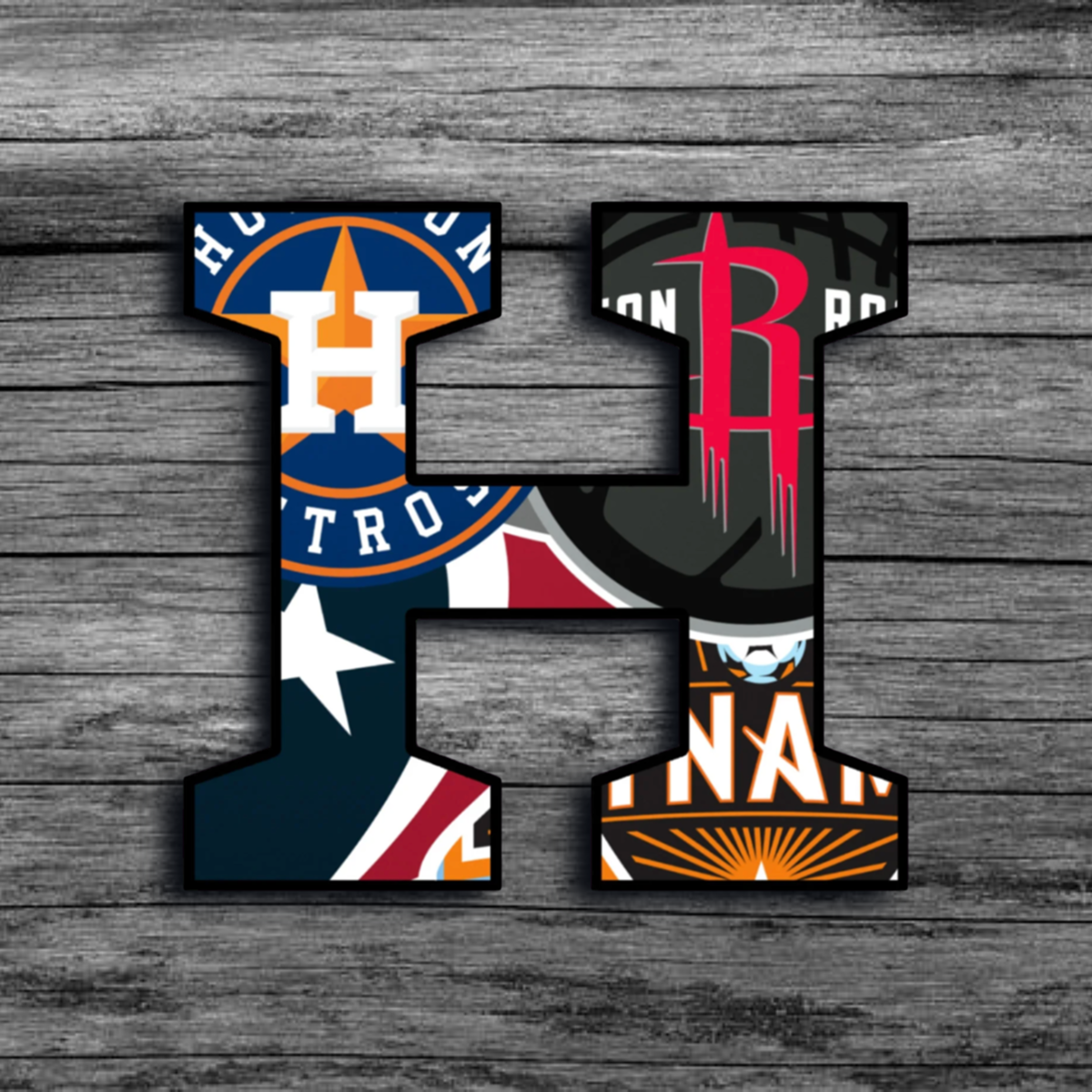 A sticker in the shape of an H, featuring all four Houston based Professional Teams: Rockets, Astros, Texans, and Dynamo's logos