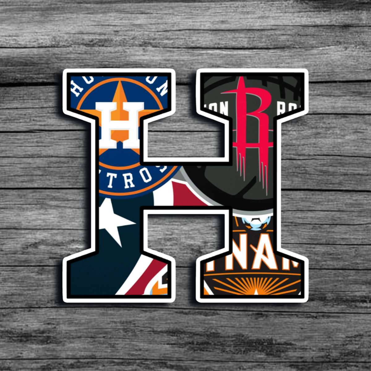 A sticker in the shape of an H, with a white border, featuring all four Houston based Professional Teams: Rockets, Astros, Texans, and Dynamo's logos
