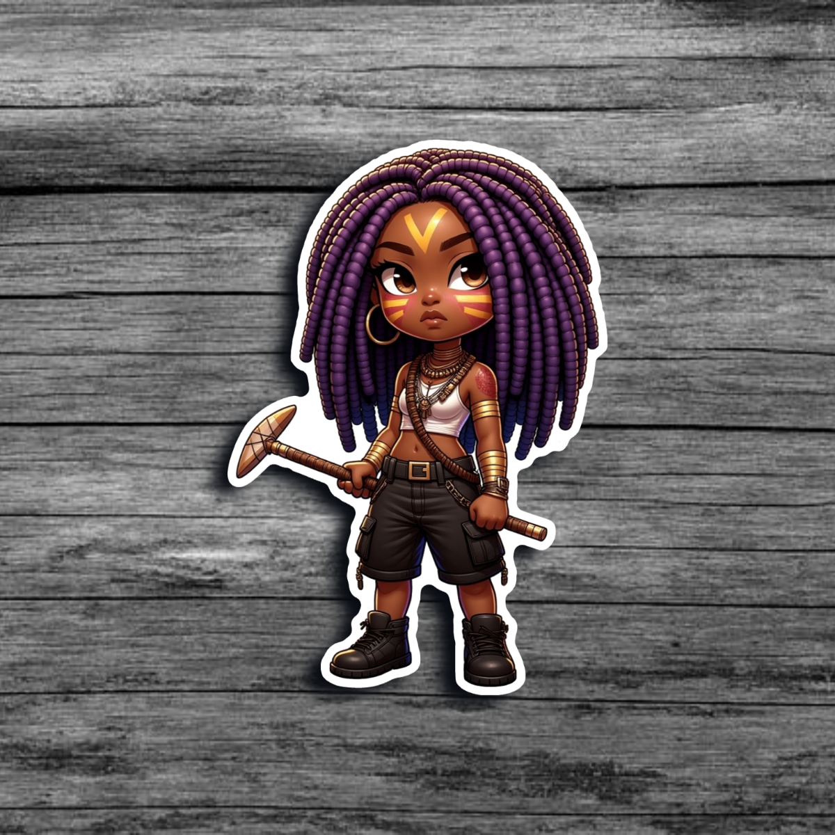 A sticker of a brown skinned woman with purple locs, yellow face paint, wearing dark cargo shorts, and boots, holding a stone club-like weapon