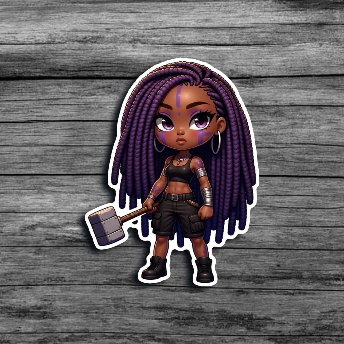 A sticker of a brown skinned woman with purple locs, purple face and body paint, wearing dark cargo shorts, and boots, holding a stone mallet