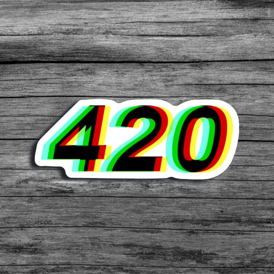 Cannabis inspired sticker with the numbers "420", trippy colors creating a distorted image