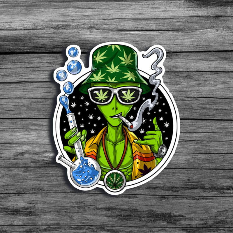 Cartoon alien wearing a cannabis-leaf bucket hat, sunglasses, and necklace, smoking and holding a bong, with a colorful cosmic background.