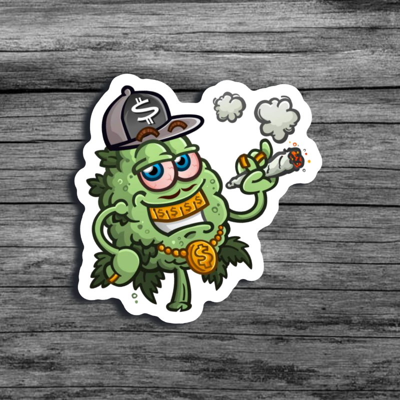 Cartoon cannabis bud character wearing a cap and gold jewelry, holding a joint with a confident grin.