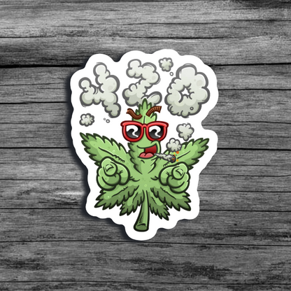 Cartoon cannabis weed character wearing red sunglasses, smoking a joint, blowing a smoke cloud of "420".