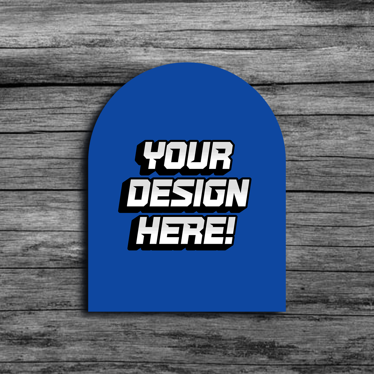 An image of a blue arch shaped template that says"Your Design Here!"