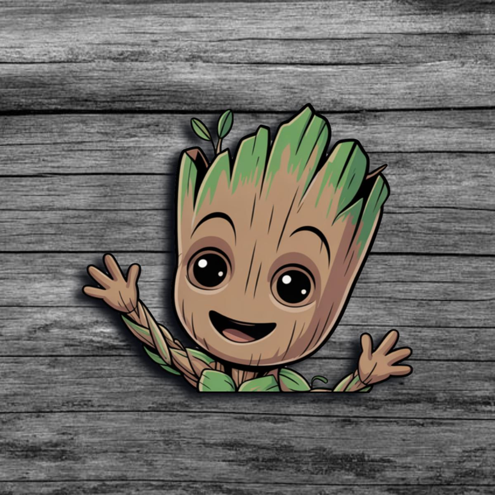 Baby Groot Peeker on wooden background