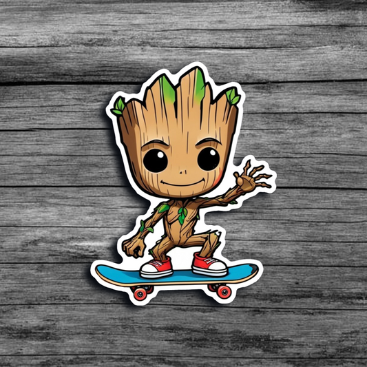 A sticker of Baby Groot waving, while riding a blue skateboard, wearing red and white sneakers