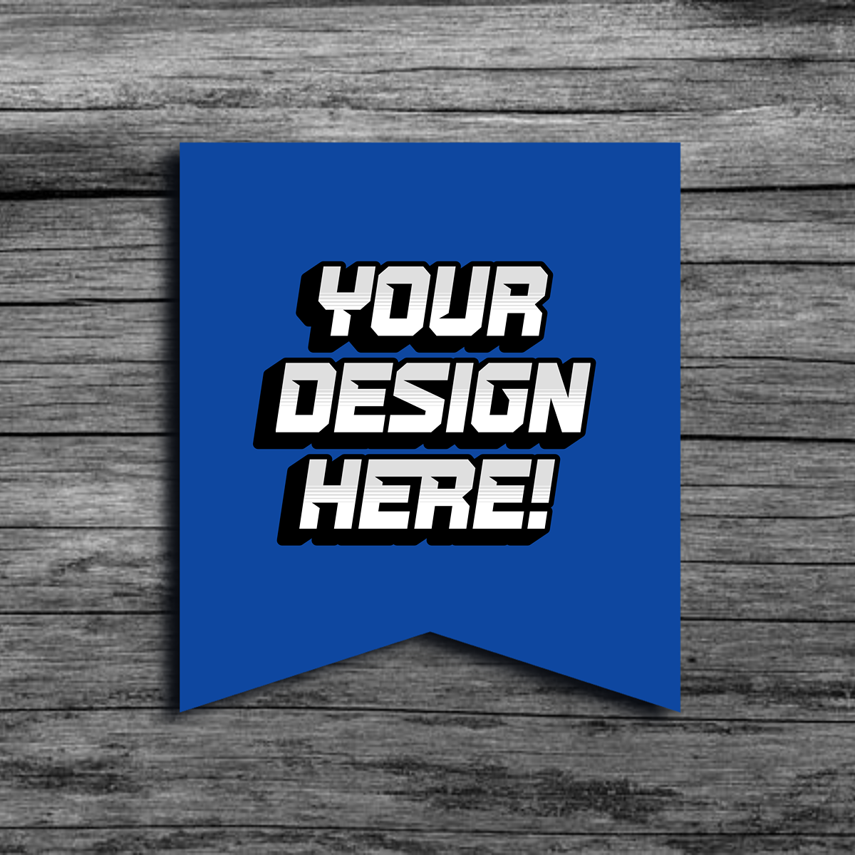 An image of a blue banner shaped template that says"Your Design Here!"