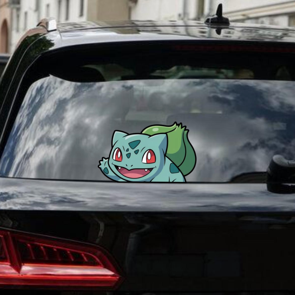 Bulbasaur decal on a car window with a cityscape background