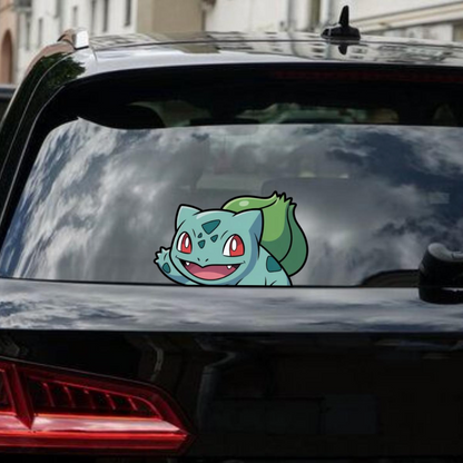 Bulbasaur decal on a car window with a cityscape background