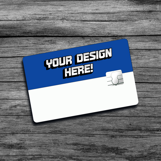 A picture of a half blue personalized credit card skin that says "Your Design Here", with a big chip on the right side