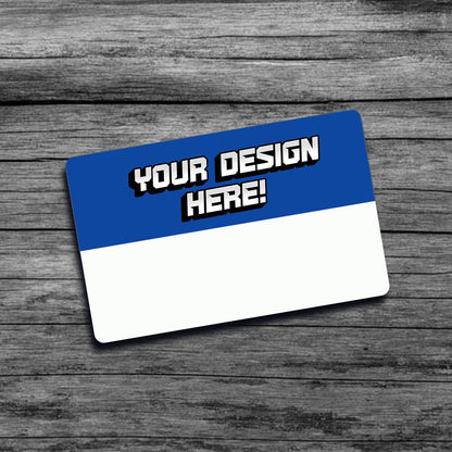 A picture of a half blue personalized credit card skin that says "Your Design Here"