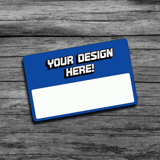 A picture of a blue personalized credit card skin that says "Your Design Here", with no chip and a window for card information 