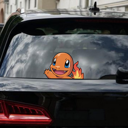 Charmander decal on a car window with a cityscape background