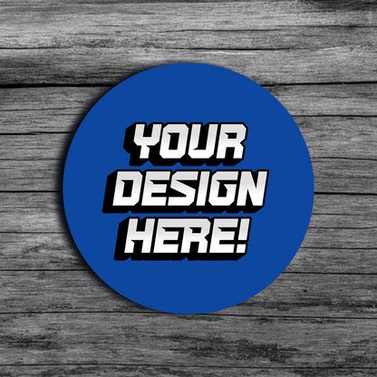 An image of a blue circle shaped template that says"Your Design Here!"