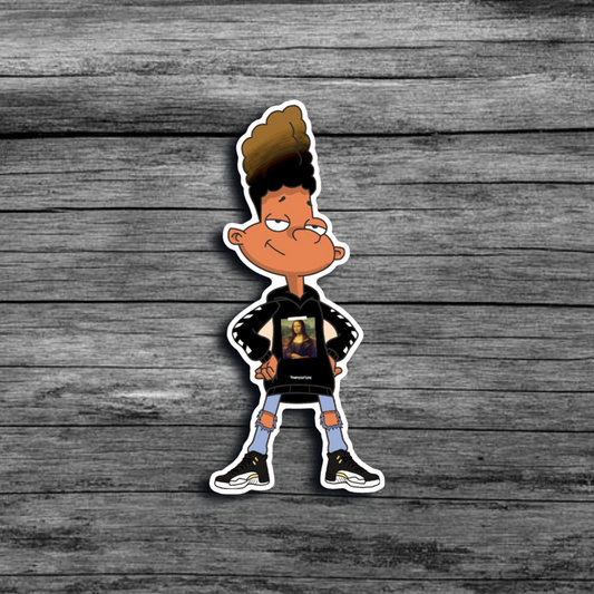 A sticker of Gerald from *Hey Arnold!*, featuring his iconic tall hair and friendly expression and wearing a black hoodie with the *Mona Lisa* image printed on it