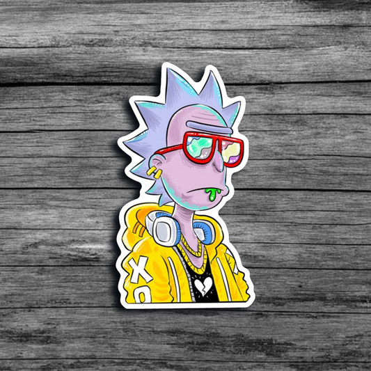 A sticker of Rick from the Animated Series *Rick & Morty*, wearing a yellow hoodie, headphones (around his neck), and red sunglasses