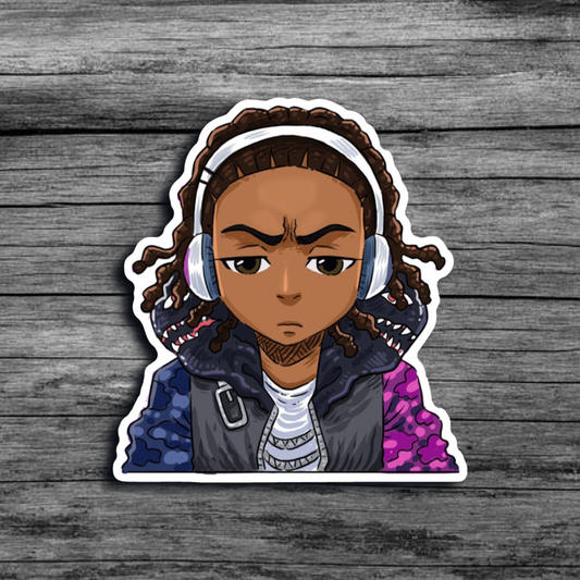 A sticker of Riley from the cartoon *Boondocks*, wearing headphones, and a multicolored purple and blue unzipped jacket with an unbothered expression