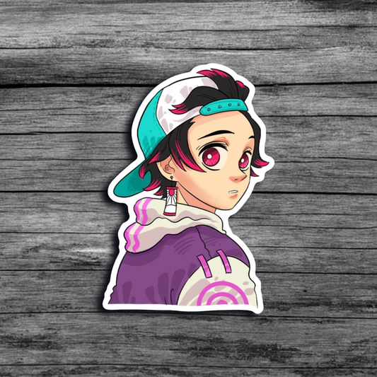 A sticker of Tanjiro from *Demon Slayer* looking back over his shoulder, wearing a snapback backwards, and a purple and white hoodie with pink accents.