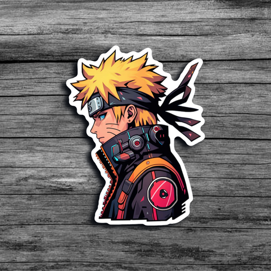 A sticker of Naruto in side profile, featuring a cyberpunk theme with neon accents and futuristic details.