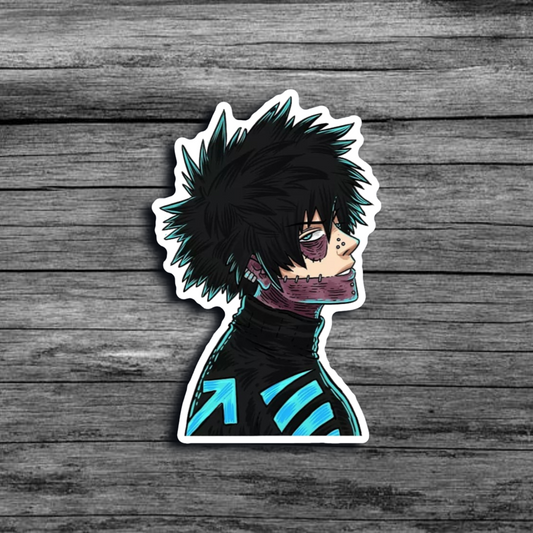 A sticker of Dabi from *My Hero Academia* in side profile, featuring a cyberpunk theme with neon accents and futuristic details.