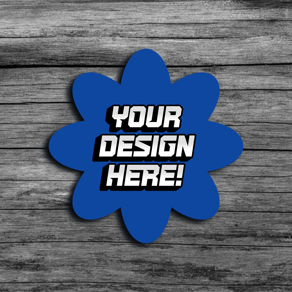 An image of a blue flower shaped template that says"Your Design Here!"