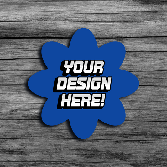 An image of a blue flower shaped template that says"Your Design Here!"