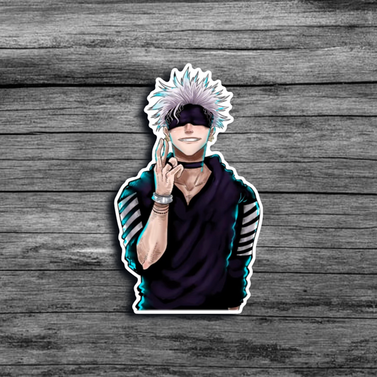 A sticker of Gojo from *Jujutsi Kaisen* with a headband over his eyes, his right hand up, and his fingers crossed, with neon accents.