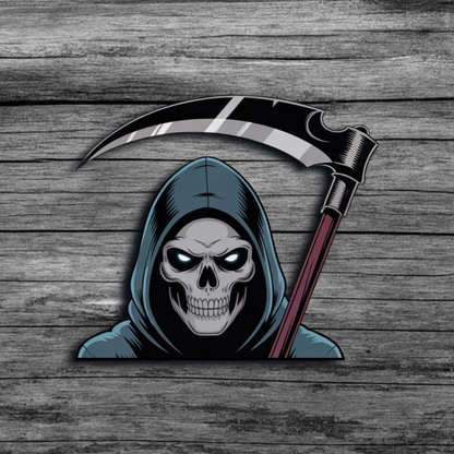 Grim Reaper with a scythe on a wooden background