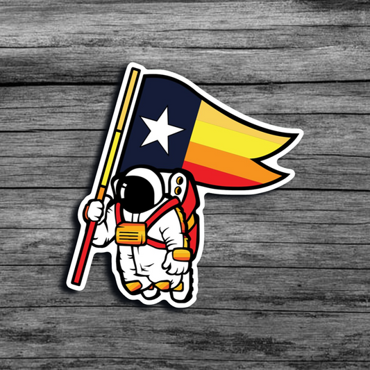 A sticker of an astronaut holding a flag with the *Houston Astros* baseball team colors with a star on it