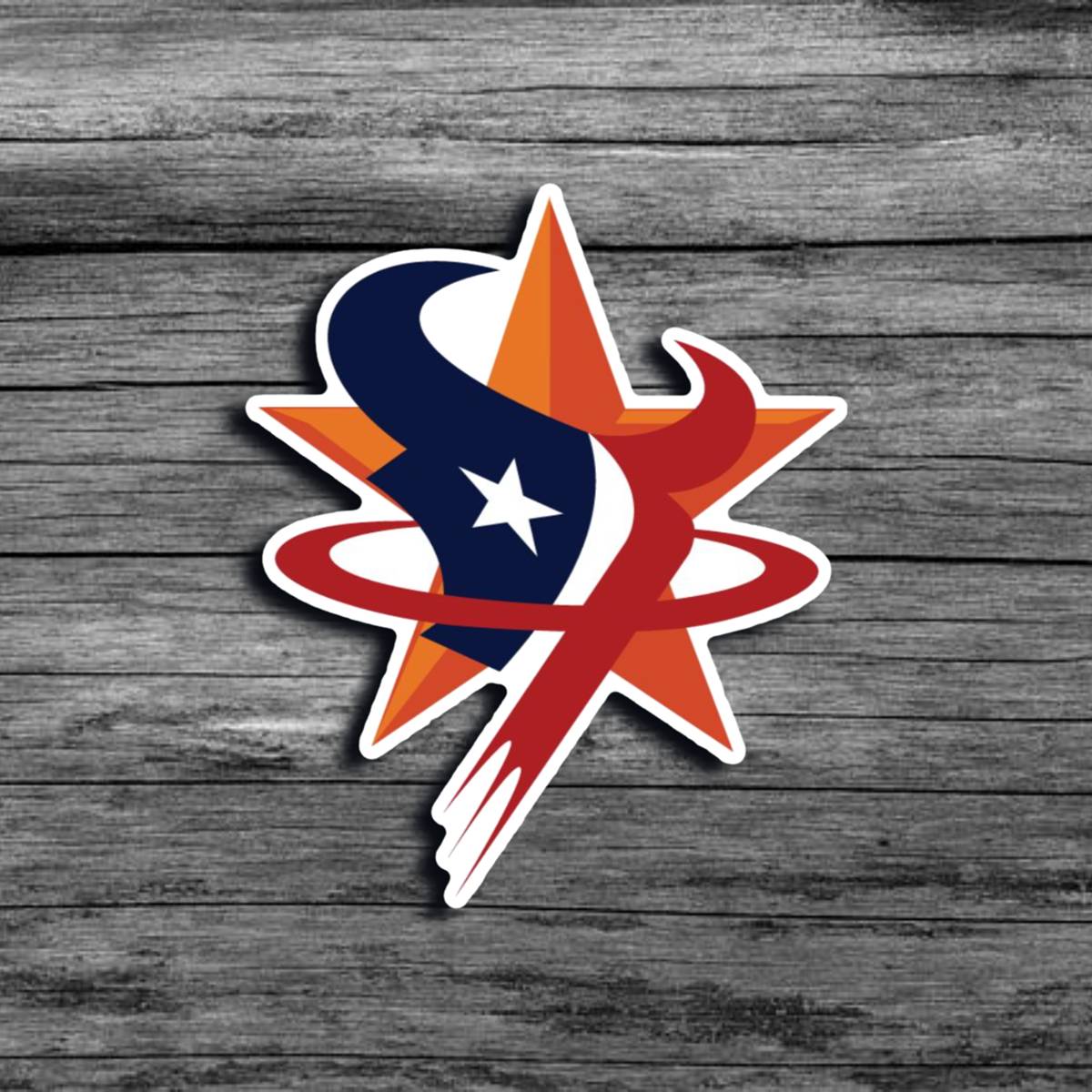 A sticker of the combined logos of the Houston: Astros, Rockets, and Texans