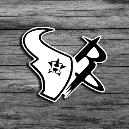 A black and white sticker of the combined logos of the Houston: *Astros*, *Rockets*, and *Texans*, in the shape of the *Houston Texans* team logo