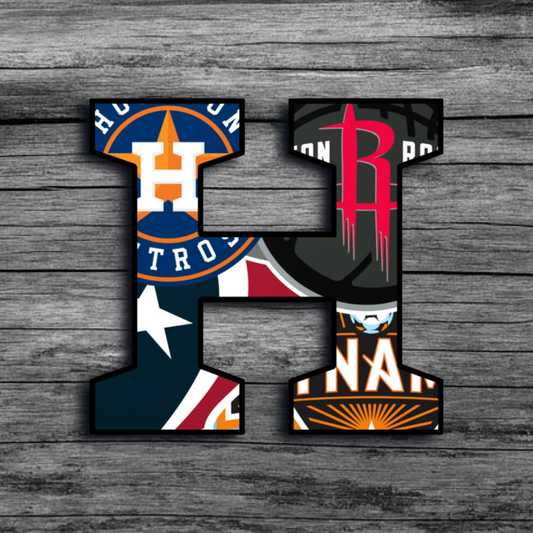 A sticker in the shape of an H, featuring all four Houston based Professional Teams: Rockets, Astros, Texans, and Dynamo's logos 