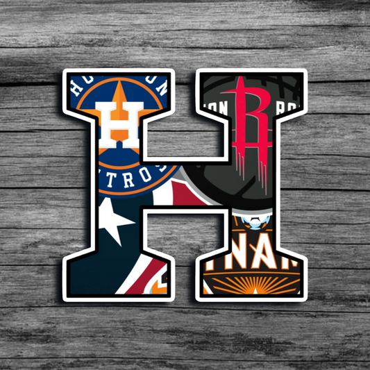 A sticker in the shape of an H, with a white border, featuring all four Houston based Professional Teams: Rockets, Astros, Texans, and Dynamo's logos 