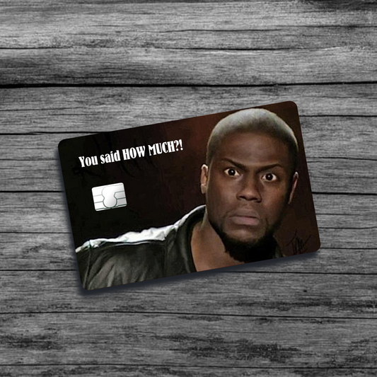 A credit card skin featuring Kevin Hart with a puzzled expression, eyebrows raised and mouth slightly open, capturing a humorous, confused reaction.