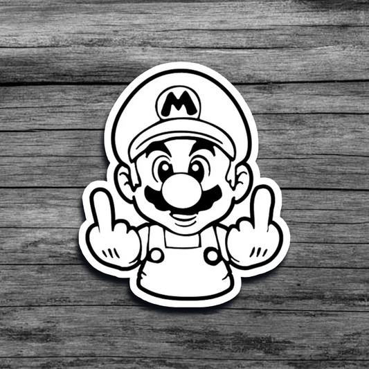 A black-and-white magnet of Super Mario holding up both middle fingers with a rebellious expression.