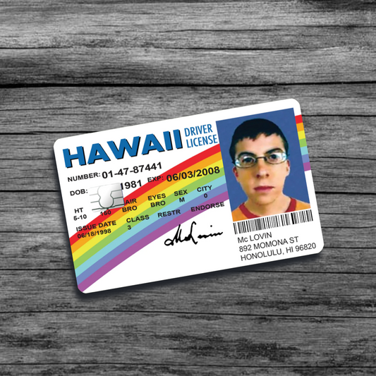 A card skin that features a close-up of McLovin's fake Hawaii driver's license from the movie Superbad