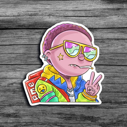 A sticker of Morty from the Animated Series *Rick & Morty*, wearing a stylish hoodie with many colors, a red backpack, yellow sunglasses, with two fingers in a "deuces" gesture
