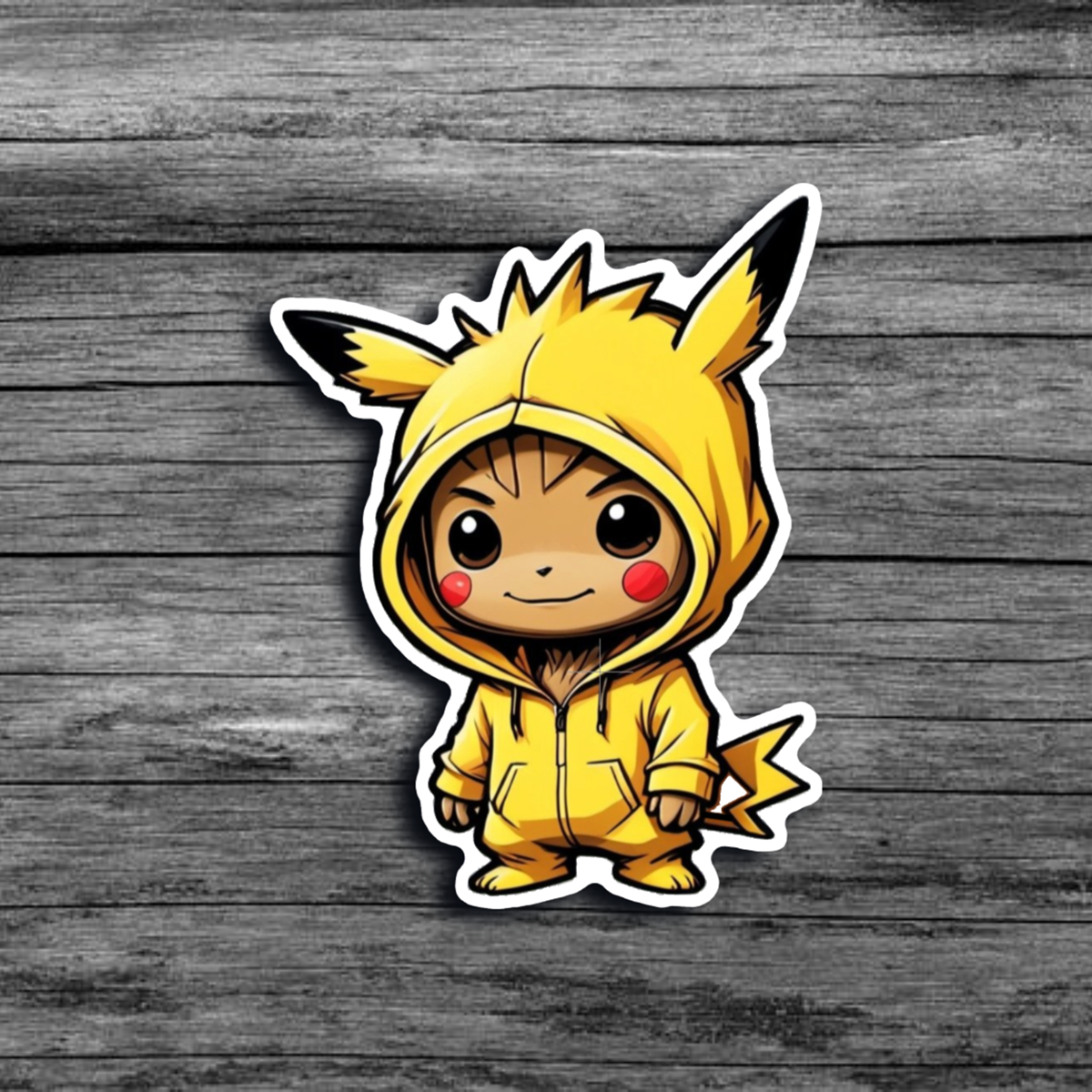 A sticker of Baby Groot wearing a Pikachu inspired hoodie/onezie, and red face paint on his cheeks.
