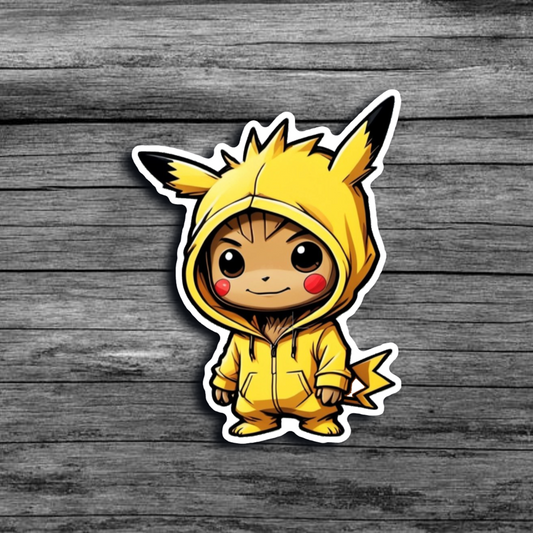 A sticker of Baby Groot wearing a Pikachu inspired hoodie/onezie, and red face paint on his cheeks.