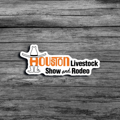 A sticker that says "Houston Livestock Show and Rodeo", with the H wearing a cowboy hat and boots