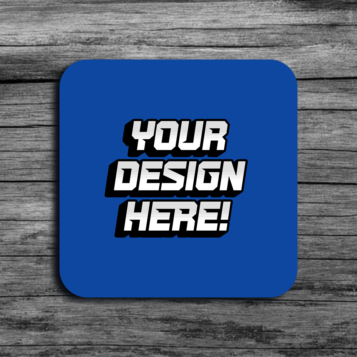 An image of a blue rounded square shaped template that says"Your Design Here!"