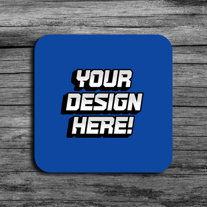 An image of a blue rounded square shaped template that says"Your Design Here!"