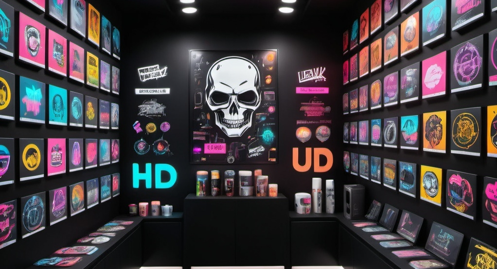 An image featuring a small black merch space with stickers, canvases, and additional creative products with vivid neon colors 