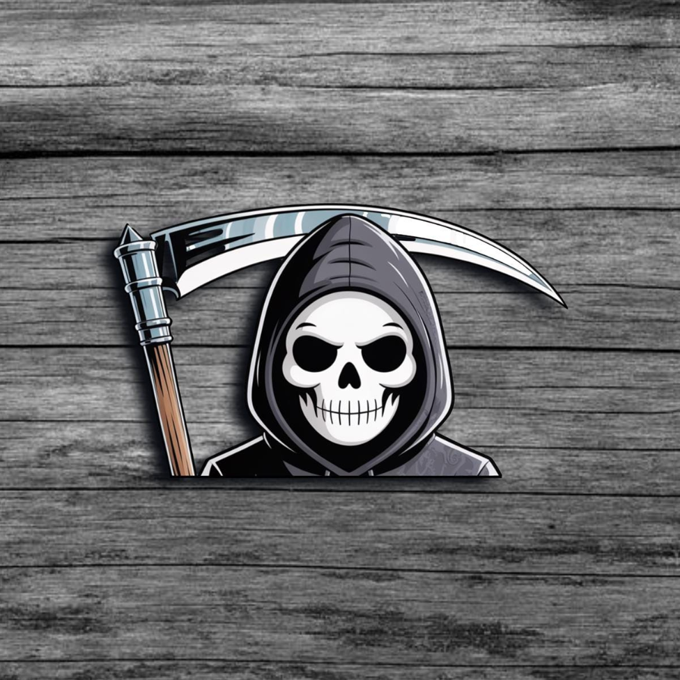 Hooded skeleton with a scythe on a wooden background