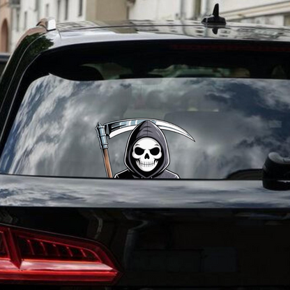 Hooded skeleton with a scythe on a car window with a cityscape background
