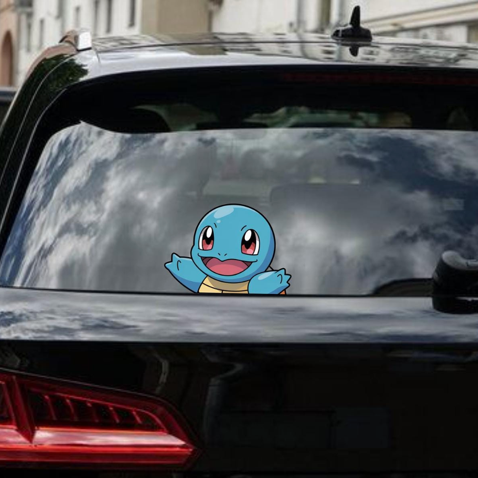 Squirtle decal on a car window with a cityscape background