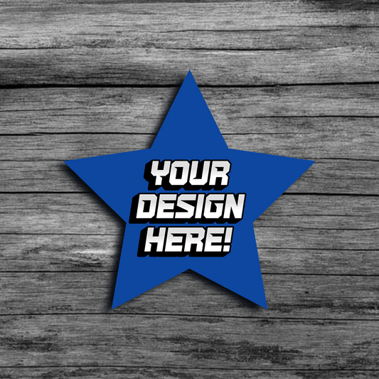 An image of a blue star shaped template that says"Your Design Here!"