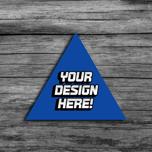 An image of a blue triangle shaped template that says"Your Design Here!"