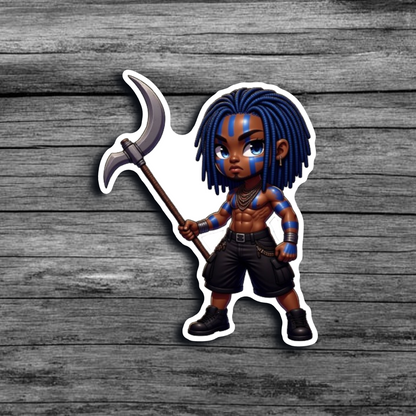 A sticker of a brown skinned boy with blue locs, blue tribal face and body paint, wearing dark cargo shorts and boots, holding a scythe-like weapon